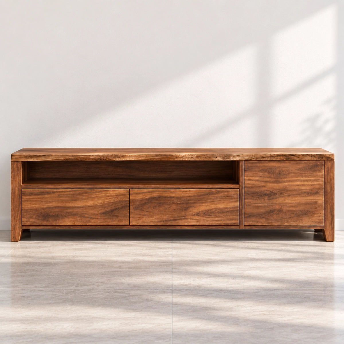 TV Stand with Open Shelf and Drawer Storage in Natural Solid Wood - Woodenecho - 3
