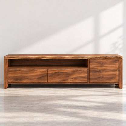 TV Stand with Open Shelf and Drawer Storage in Natural Solid Wood - Woodenecho - 3