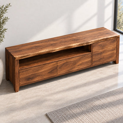 TV Stand with Open Shelf and Drawer Storage in Natural Solid Wood - Woodenecho - 4