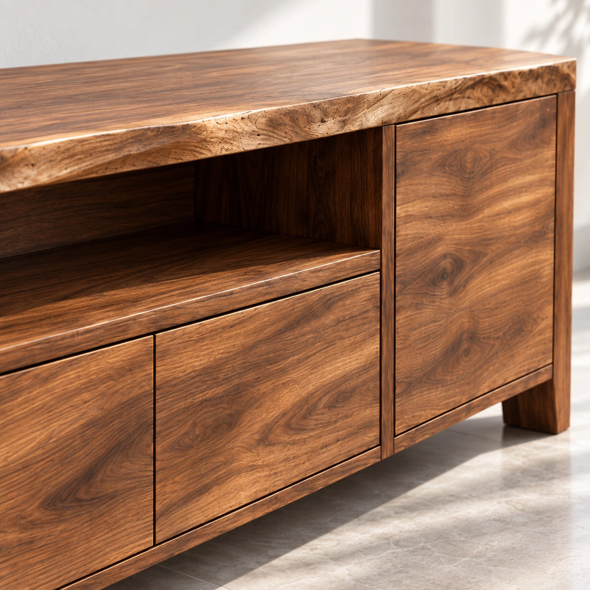 TV Stand with Open Shelf and Drawer Storage in Natural Solid Wood - Woodenecho - 5