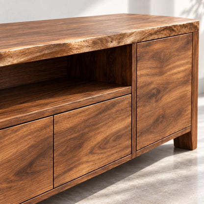 TV Stand with Open Shelf and Drawer Storage in Natural Solid Wood - Woodenecho - 5