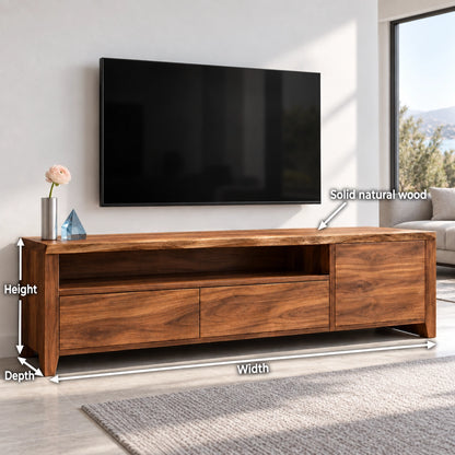 TV Stand with Open Shelf and Drawer Storage in Natural Solid Wood - Woodenecho - 6