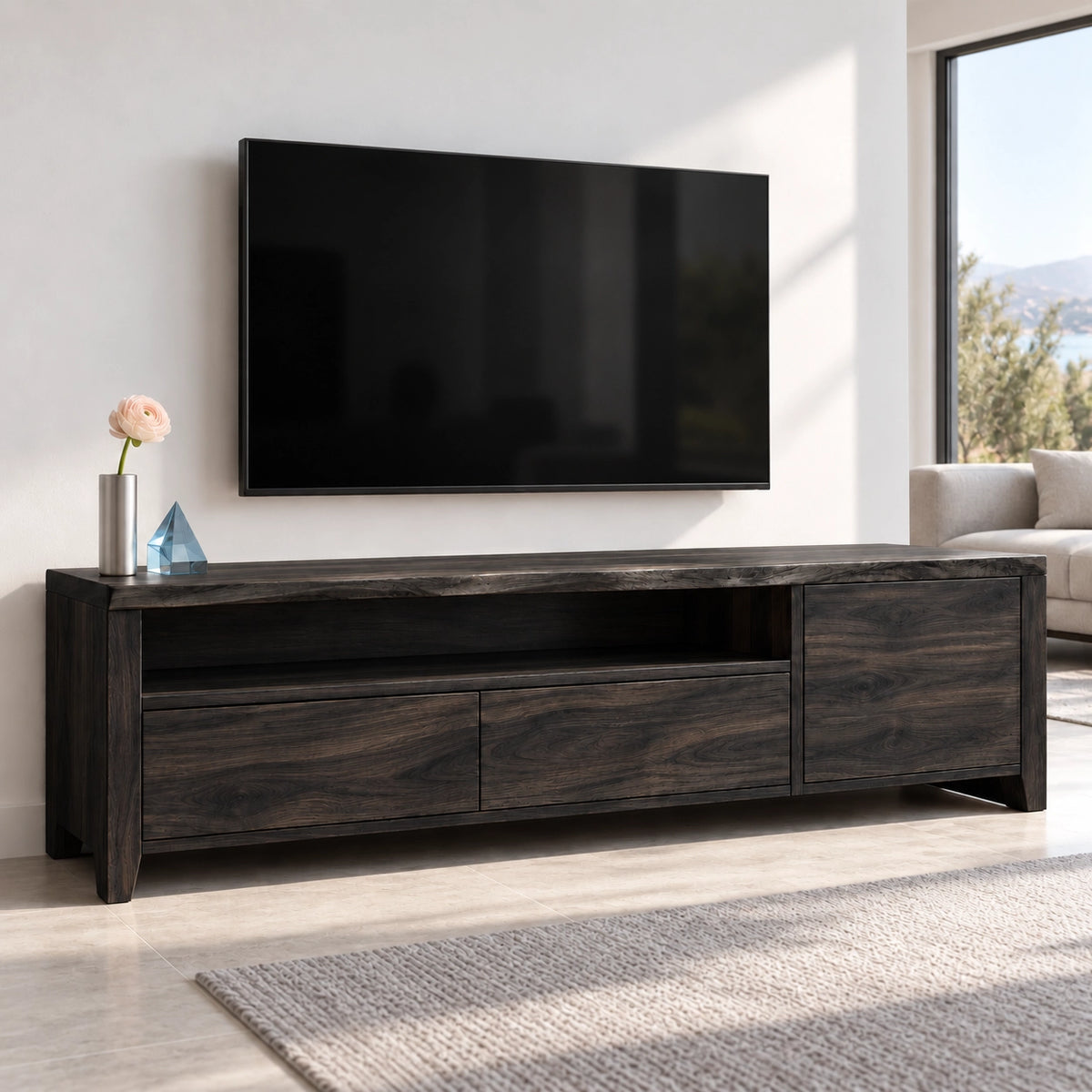 TV Stand with Open Shelf and Drawer Storage in Natural Solid Wood - Woodenecho - 7