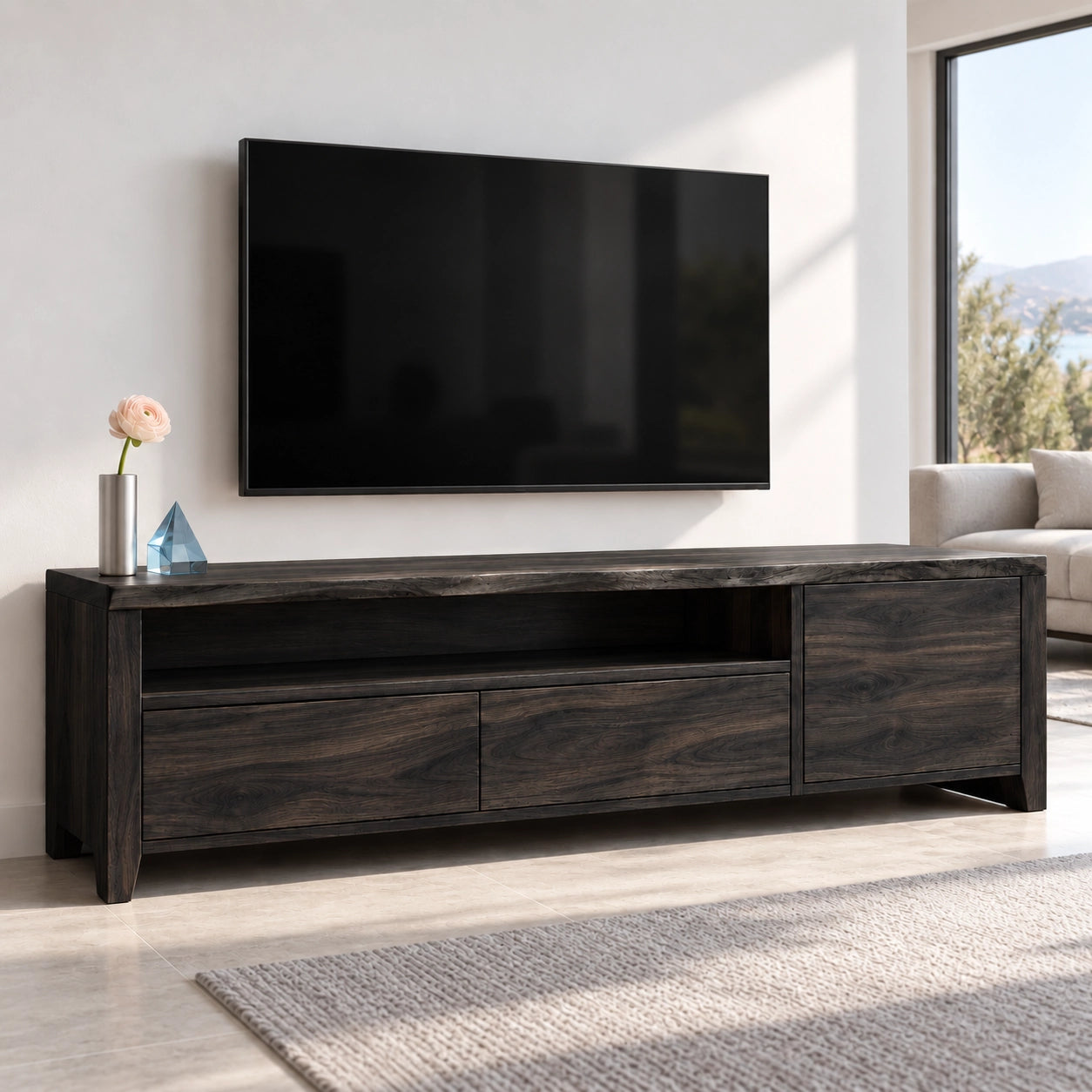 TV Stand with Open Shelf and Drawer Storage in Natural Solid Wood - Woodenecho - 7