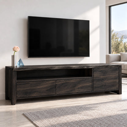 TV Stand with Open Shelf and Drawer Storage in Natural Solid Wood - Woodenecho - 7