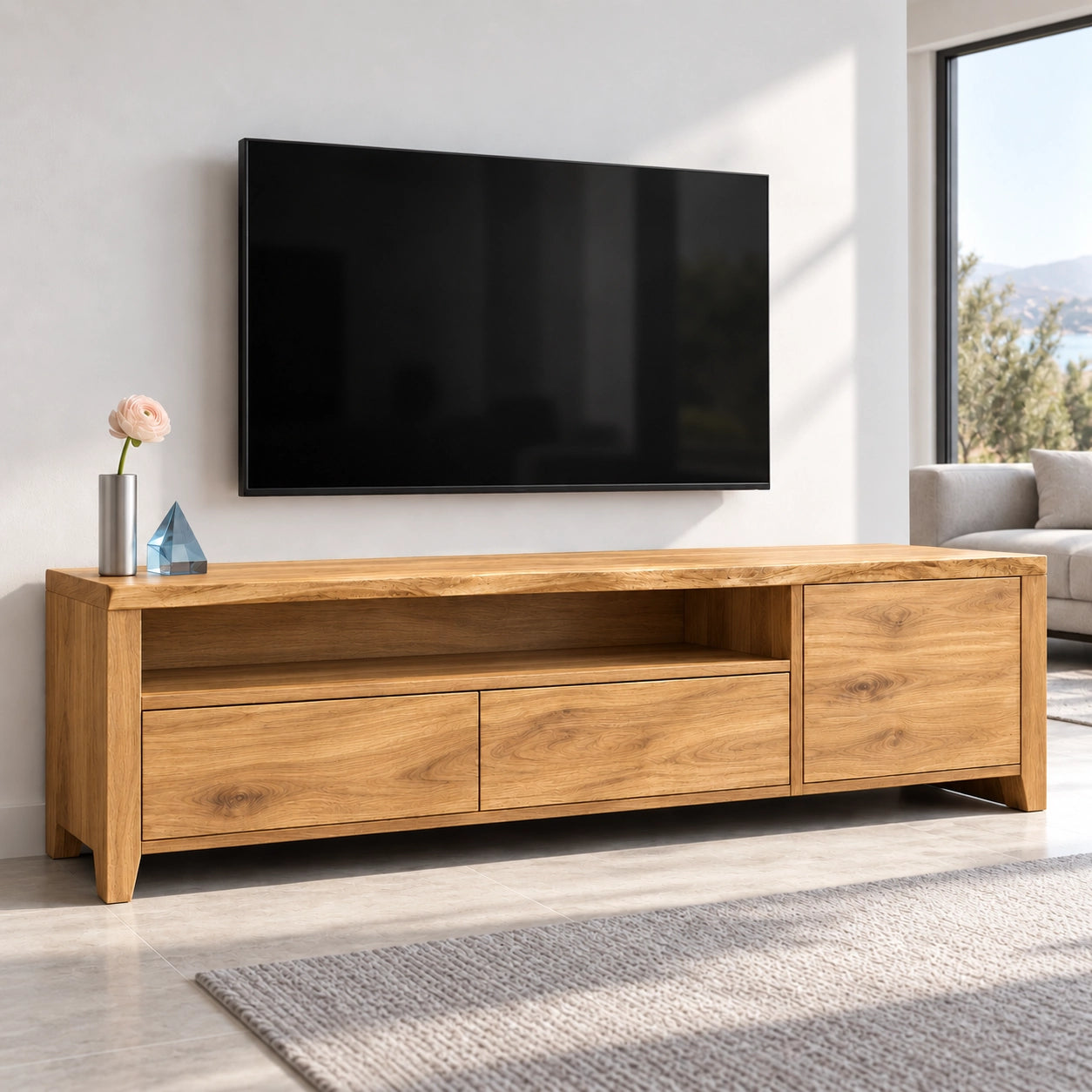 TV Stand with Open Shelf and Drawer Storage in Natural Solid Wood - Woodenecho - 8
