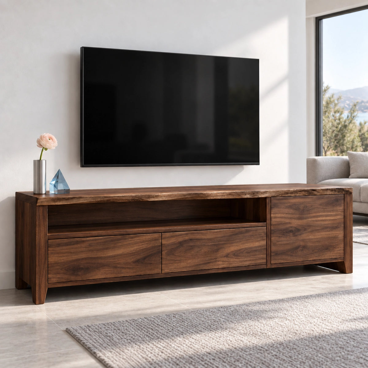 TV Stand with Open Shelf and Drawer Storage in Natural Solid Wood - Woodenecho - 9