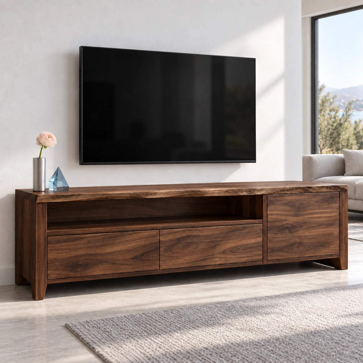 TV Stand with Open Shelf and Drawer Storage in Natural Solid Wood - Woodenecho - 9