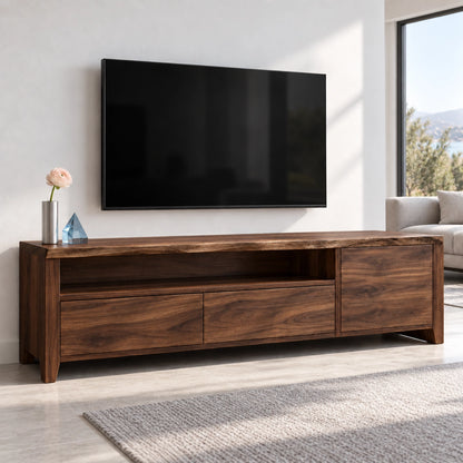 TV Stand with Open Shelf and Drawer Storage in Natural Solid Wood - Woodenecho - 9