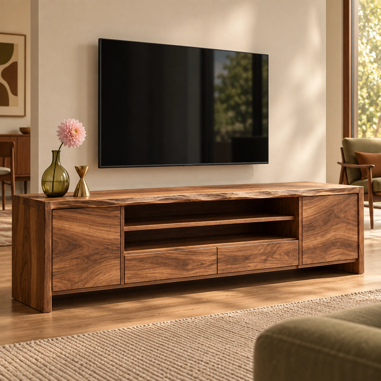 TV Stand with Open Shelving and Storage Drawers in Natural Solid Wood - Woodenecho - 1