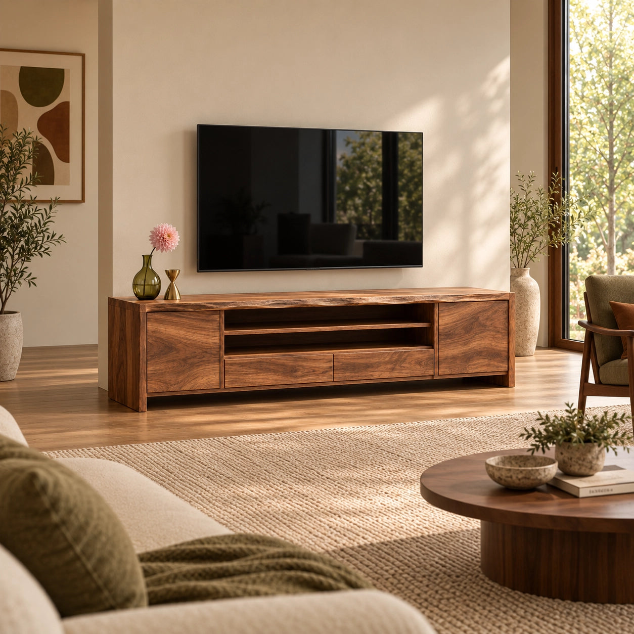 TV Stand with Open Shelving and Storage Drawers in Natural Solid Wood - Woodenecho - 2