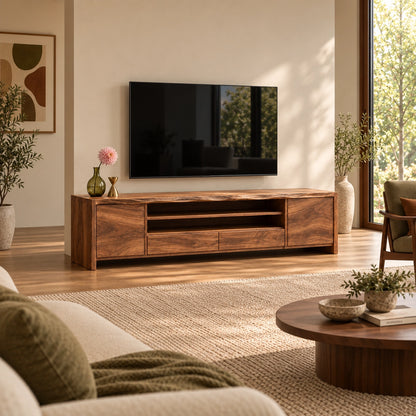 TV Stand with Open Shelving and Storage Drawers in Natural Solid Wood - Woodenecho - 2