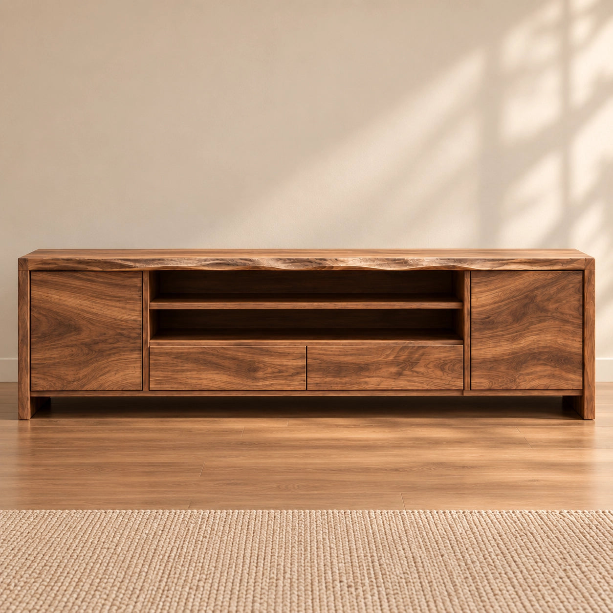 TV Stand with Open Shelving and Storage Drawers in Natural Solid Wood - Woodenecho - 3