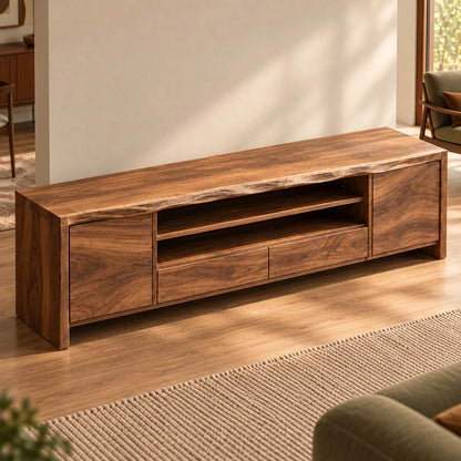 TV Stand with Open Shelving and Storage Drawers in Natural Solid Wood - Woodenecho - 4