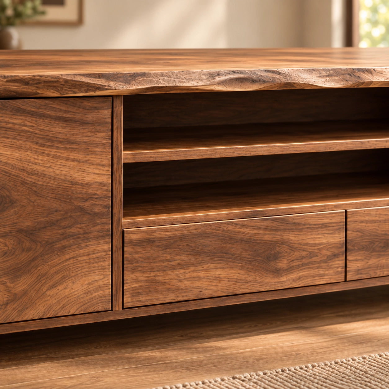 TV Stand with Open Shelving and Storage Drawers in Natural Solid Wood - Woodenecho - 5