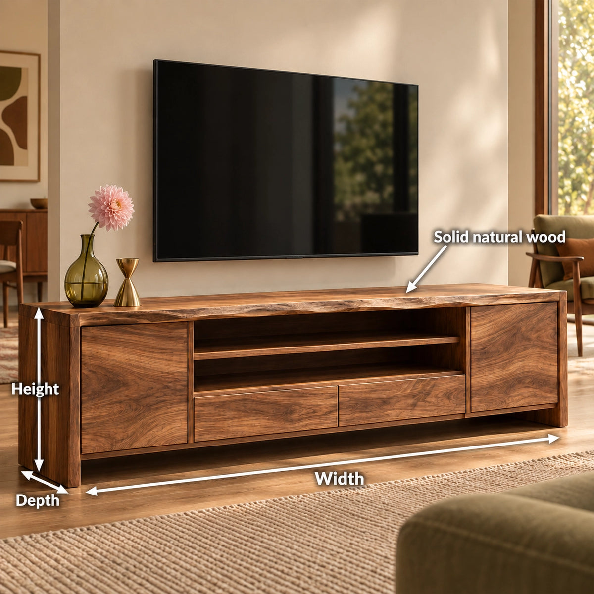 TV Stand with Open Shelving and Storage Drawers in Natural Solid Wood - Woodenecho - 6