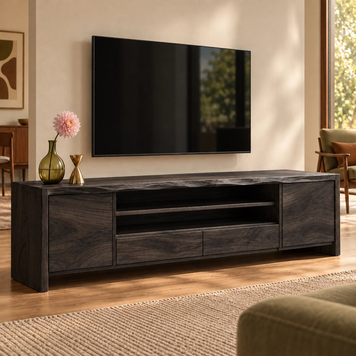 TV Stand with Open Shelving and Storage Drawers in Natural Solid Wood - Woodenecho - 7