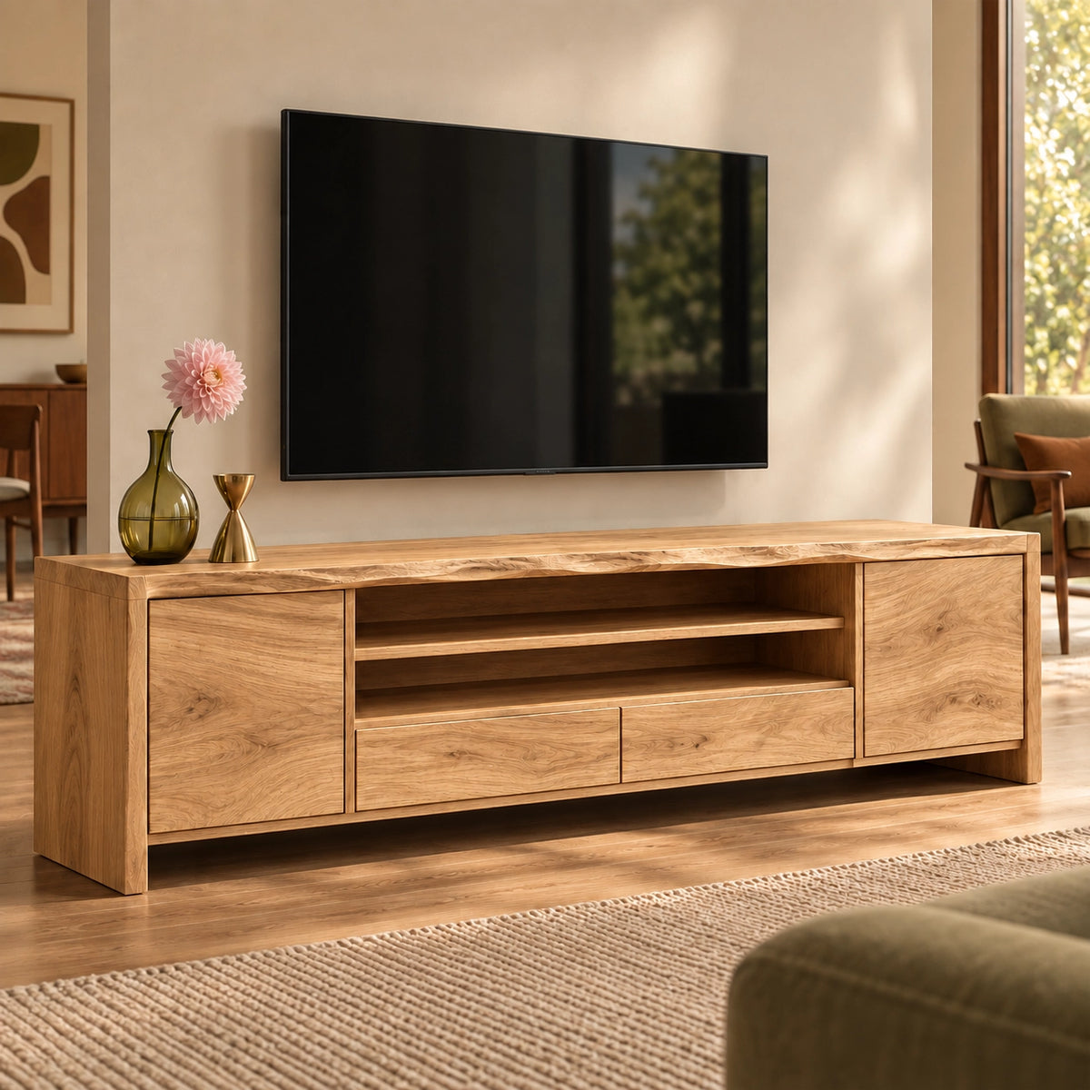 TV Stand with Open Shelving and Storage Drawers in Natural Solid Wood - Woodenecho - 8