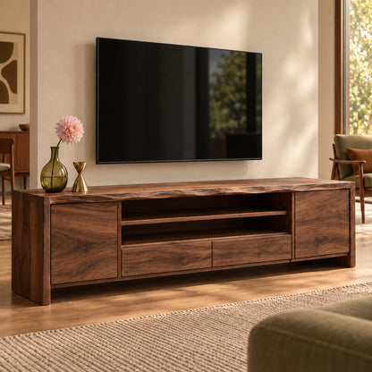 TV Stand with Open Shelving and Storage Drawers in Natural Solid Wood - Woodenecho - 9
