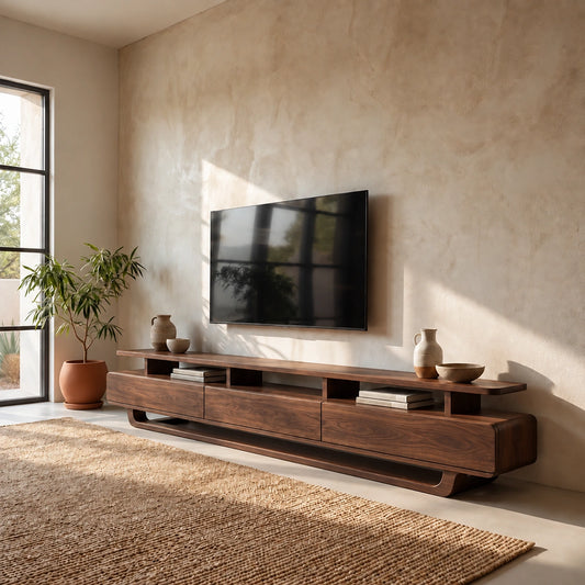 TV Stand with Open Storage Shelves and Three Drawers in Natural Solid Wood - Woodenecho - 6