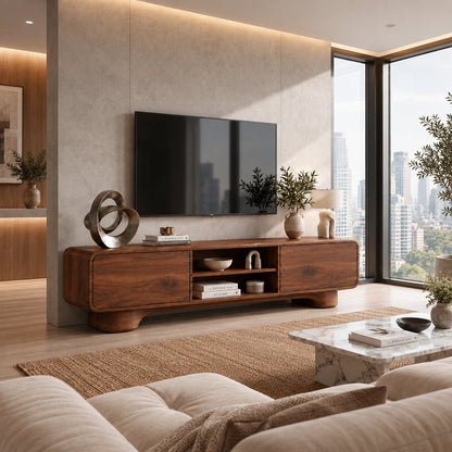 TV Stand with Rounded Cabinet Doors and Open Display in Natural Solid Wood - Woodenecho - 1