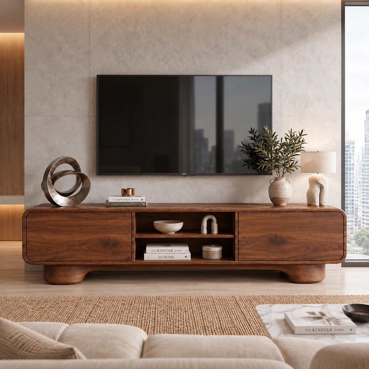 TV Stand with Rounded Cabinet Doors and Open Display in Natural Solid Wood - Woodenecho - 2
