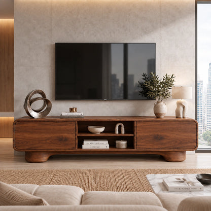 TV Stand with Rounded Cabinet Doors and Open Display in Natural Solid Wood - Woodenecho - 2
