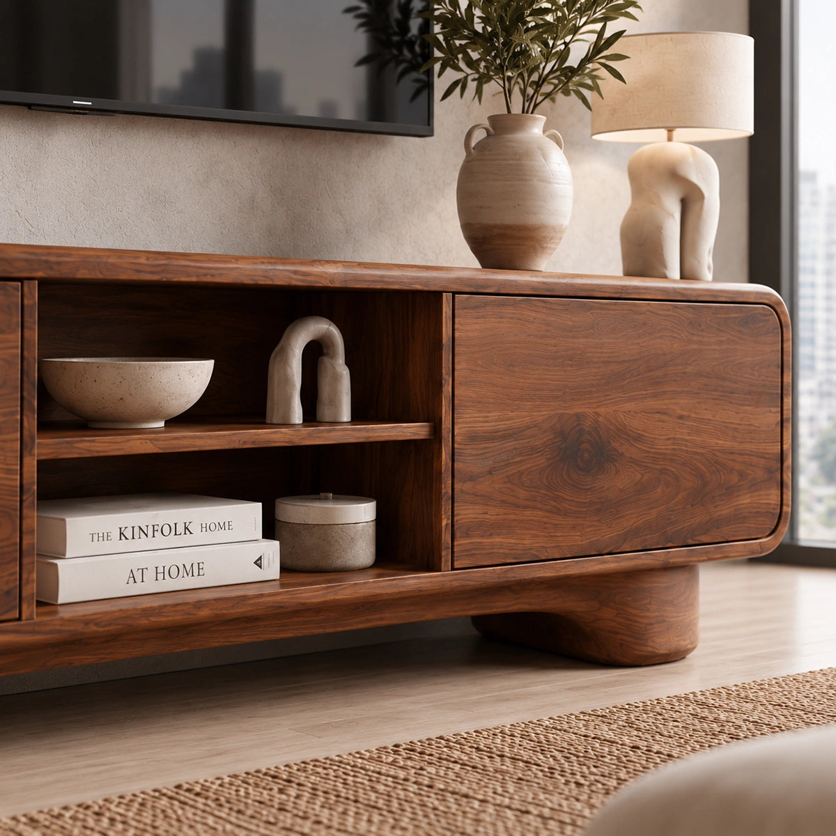 TV Stand with Rounded Cabinet Doors and Open Display in Natural Solid Wood - Woodenecho - 3