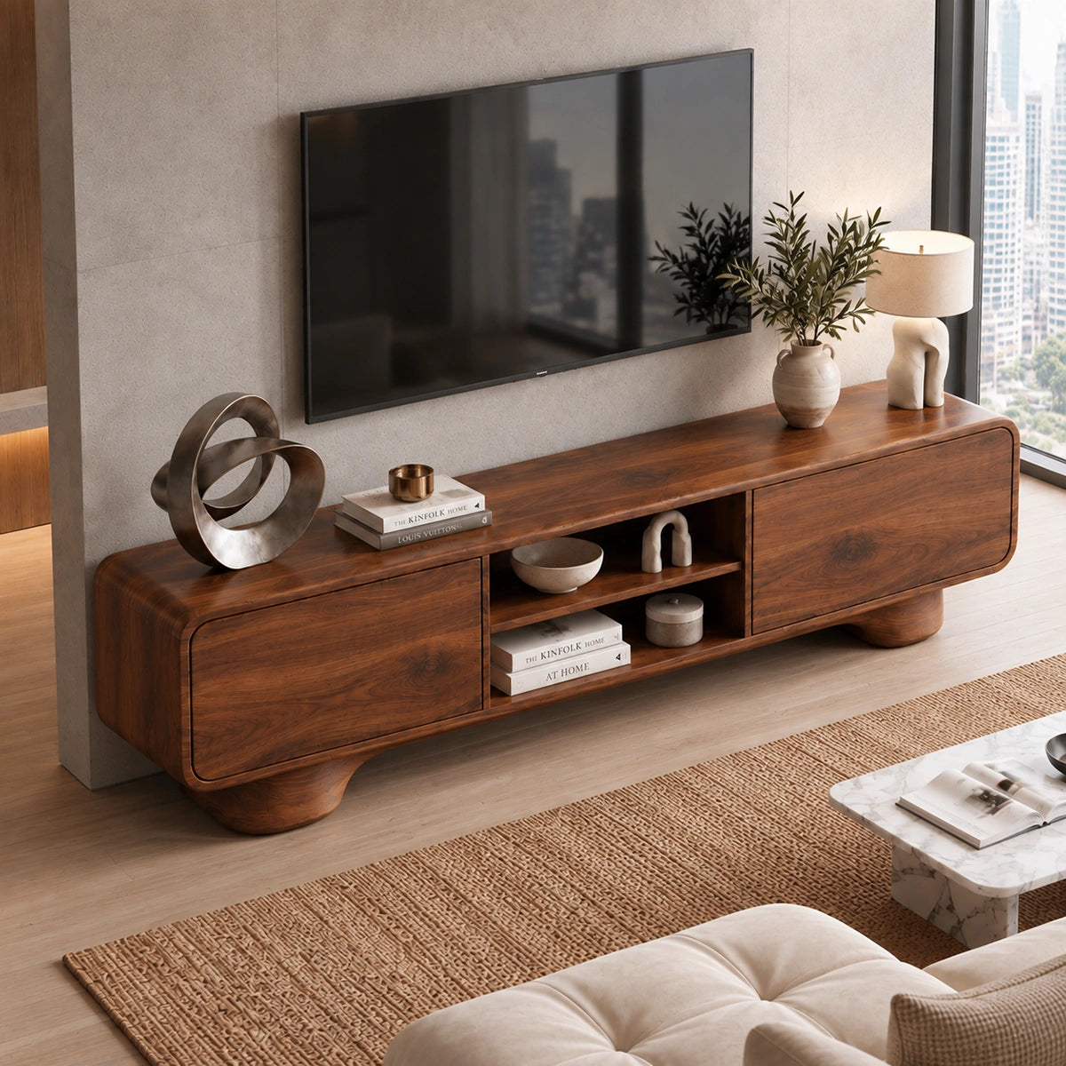 TV Stand with Rounded Cabinet Doors and Open Display in Natural Solid Wood - Woodenecho - 4