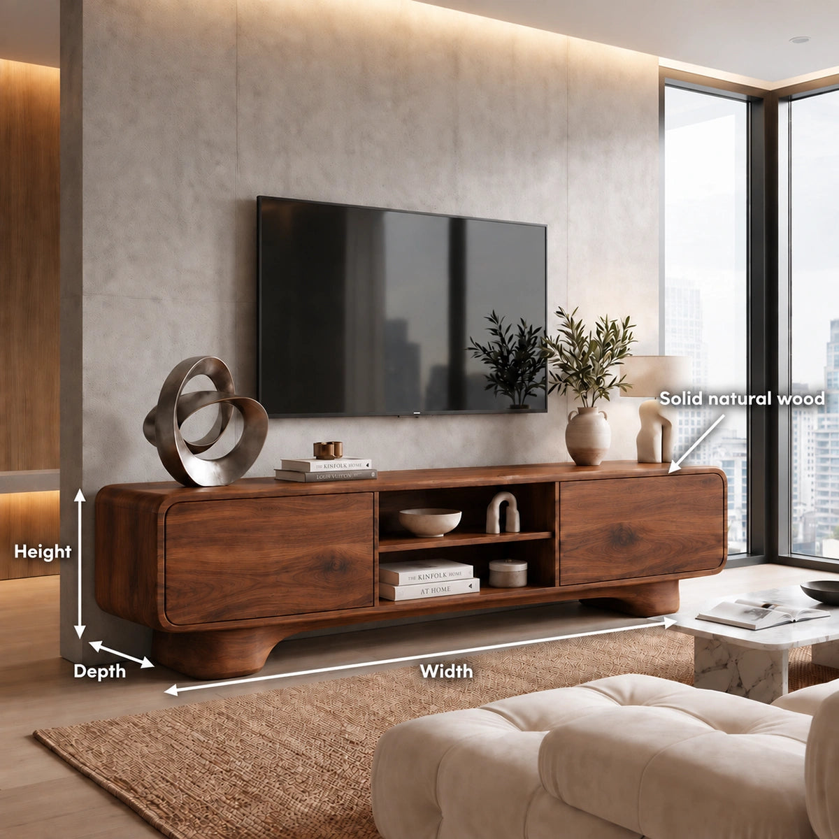 TV Stand with Rounded Cabinet Doors and Open Display in Natural Solid Wood - Woodenecho - 5
