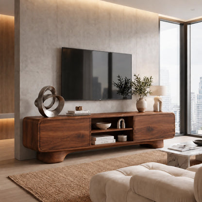 TV Stand with Rounded Cabinet Doors and Open Display in Natural Solid Wood - Woodenecho - 6