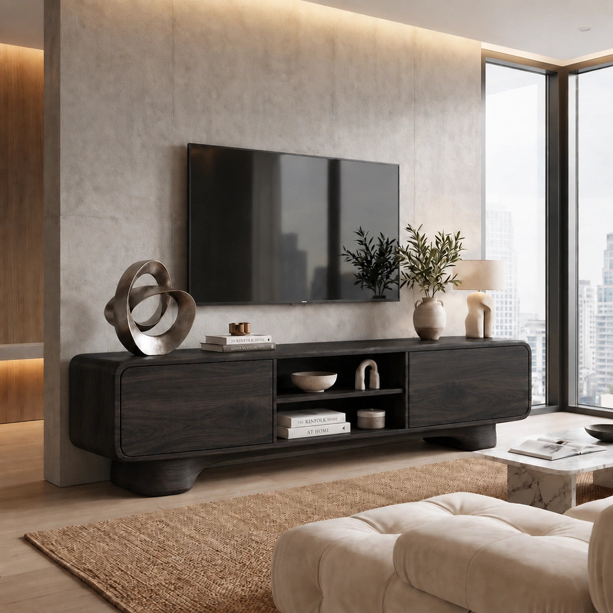 TV Stand with Rounded Cabinet Doors and Open Display in Natural Solid Wood - Woodenecho - 7