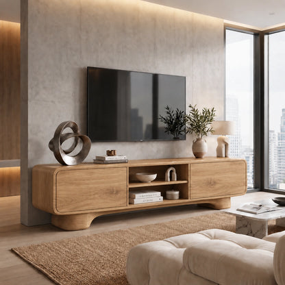 TV Stand with Rounded Cabinet Doors and Open Display in Natural Solid Wood - Woodenecho - 8
