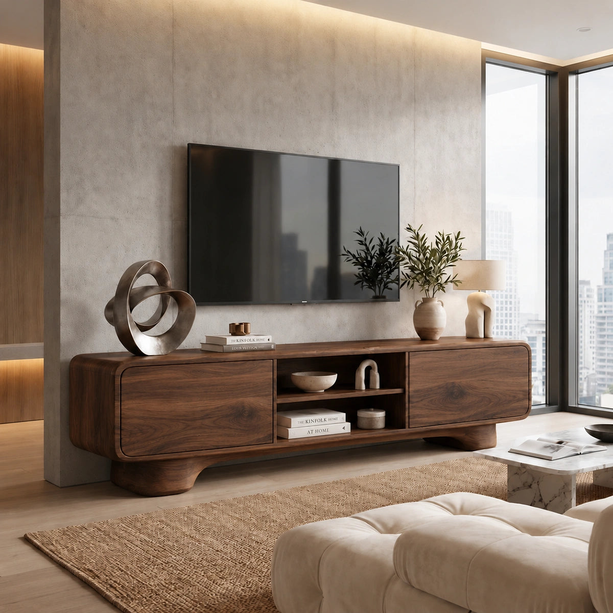 TV Stand with Rounded Cabinet Doors and Open Display in Natural Solid Wood - Woodenecho - 9