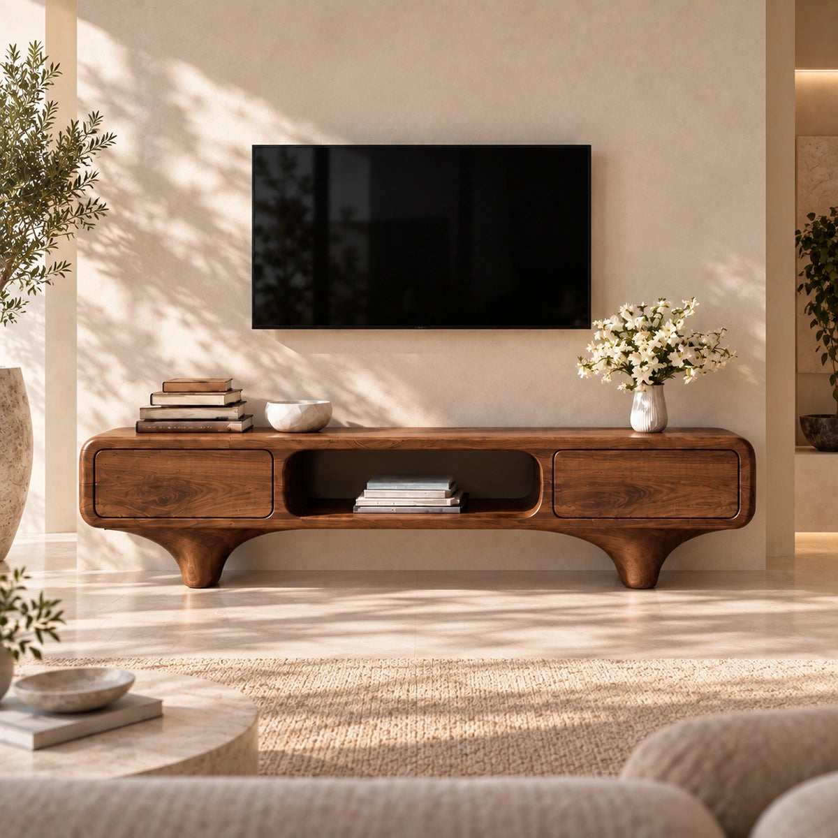 TV Stand with Rounded Drawer Doors and Center Open Shelf in Natural Solid Wood - Woodenecho - 2