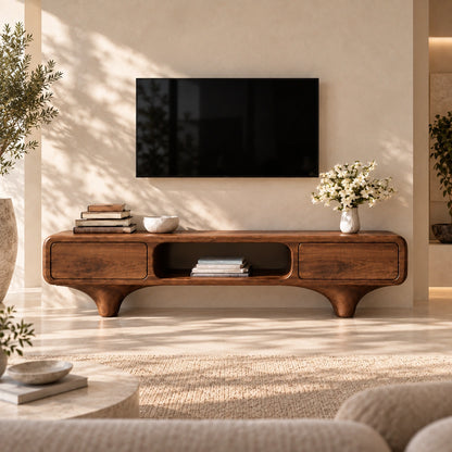 TV Stand with Rounded Drawer Doors and Center Open Shelf in Natural Solid Wood - Woodenecho - 2