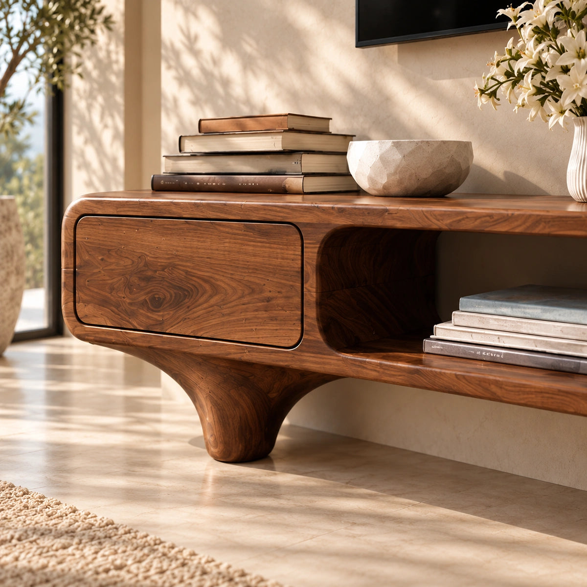 TV Stand with Rounded Drawer Doors and Center Open Shelf in Natural Solid Wood - Woodenecho - 3