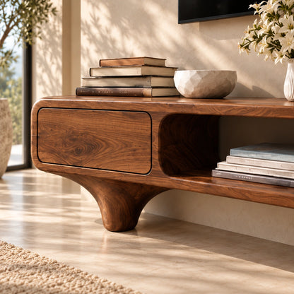 TV Stand with Rounded Drawer Doors and Center Open Shelf in Natural Solid Wood - Woodenecho - 3