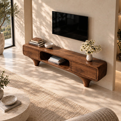 TV Stand with Rounded Drawer Doors and Center Open Shelf in Natural Solid Wood - Woodenecho - 4
