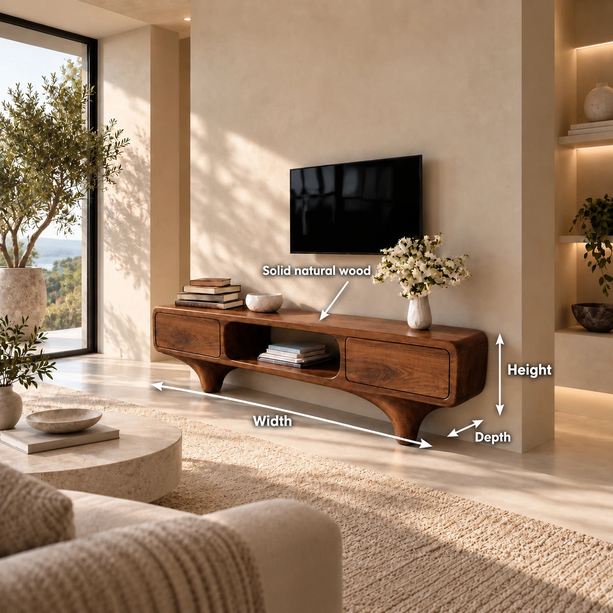 TV Stand with Rounded Drawer Doors and Center Open Shelf in Natural Solid Wood - Woodenecho - 5