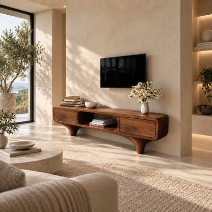 TV Stand with Rounded Drawer Doors and Center Open Shelf in Natural Solid Wood - Woodenecho - 6