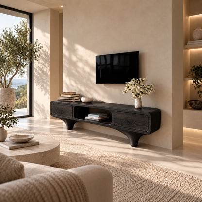 TV Stand with Rounded Drawer Doors and Center Open Shelf in Natural Solid Wood - Woodenecho - 7