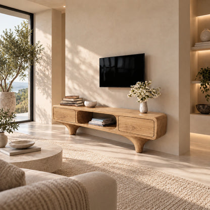 TV Stand with Rounded Drawer Doors and Center Open Shelf in Natural Solid Wood - Woodenecho - 8