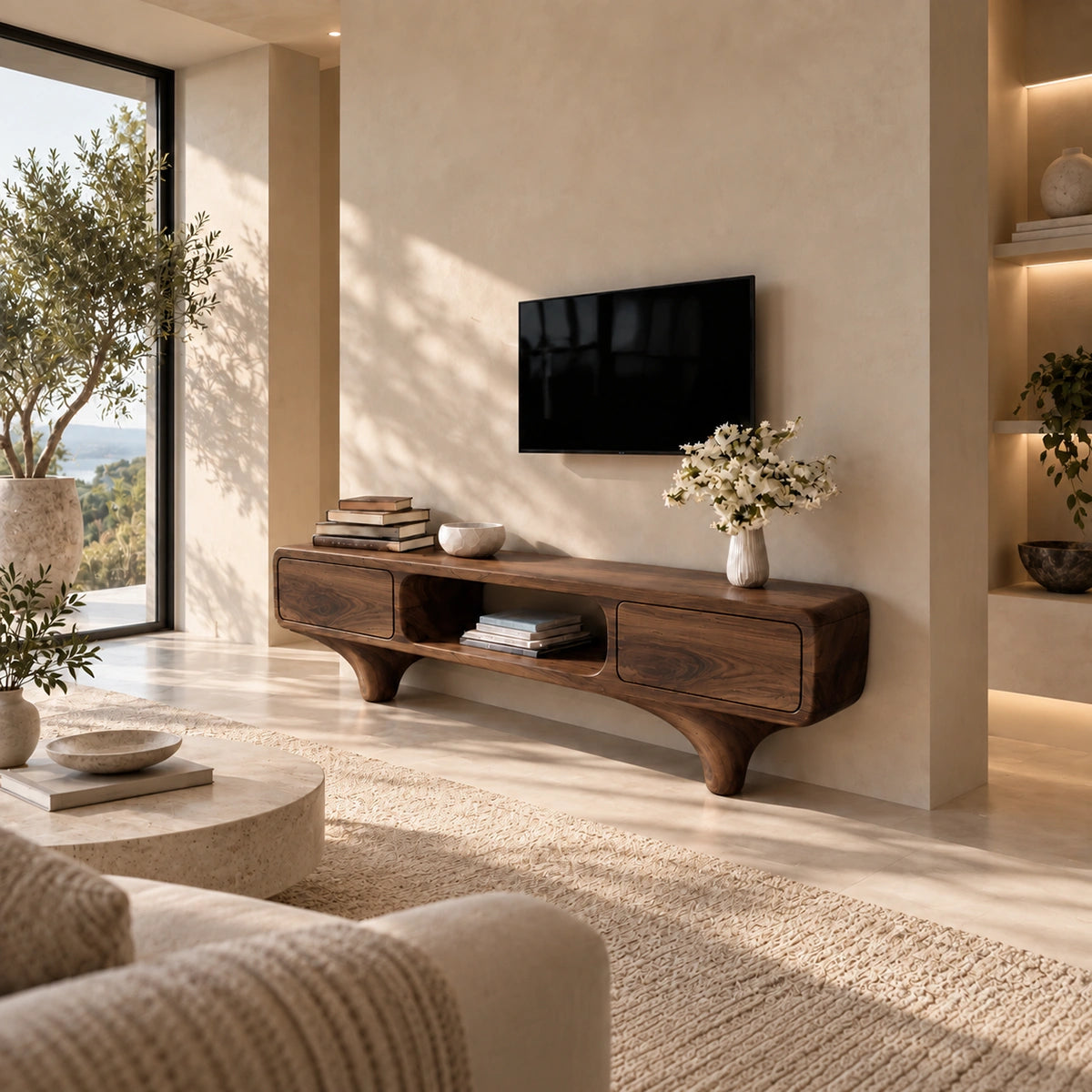 TV Stand with Rounded Drawer Doors and Center Open Shelf in Natural Solid Wood - Woodenecho - 9