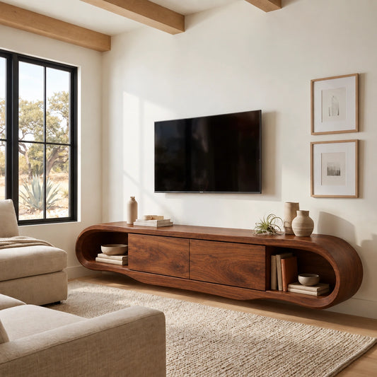 TV Stand with Rounded Open Nooks and Two Cabinet Doors in Natural Solid Wood - Woodenecho - 6