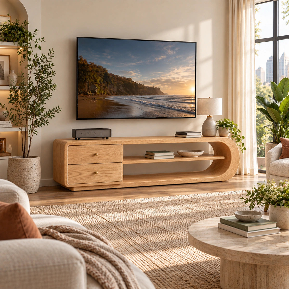TV Stand with Rounded Open Shelves and Two Drawer Storage in Natural Solid Wood - Woodenecho - 1