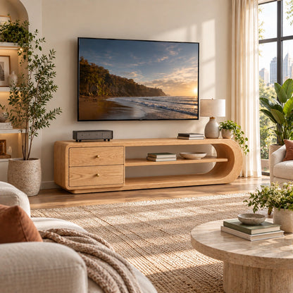 TV Stand with Rounded Open Shelves and Two Drawer Storage in Natural Solid Wood - Woodenecho - 1