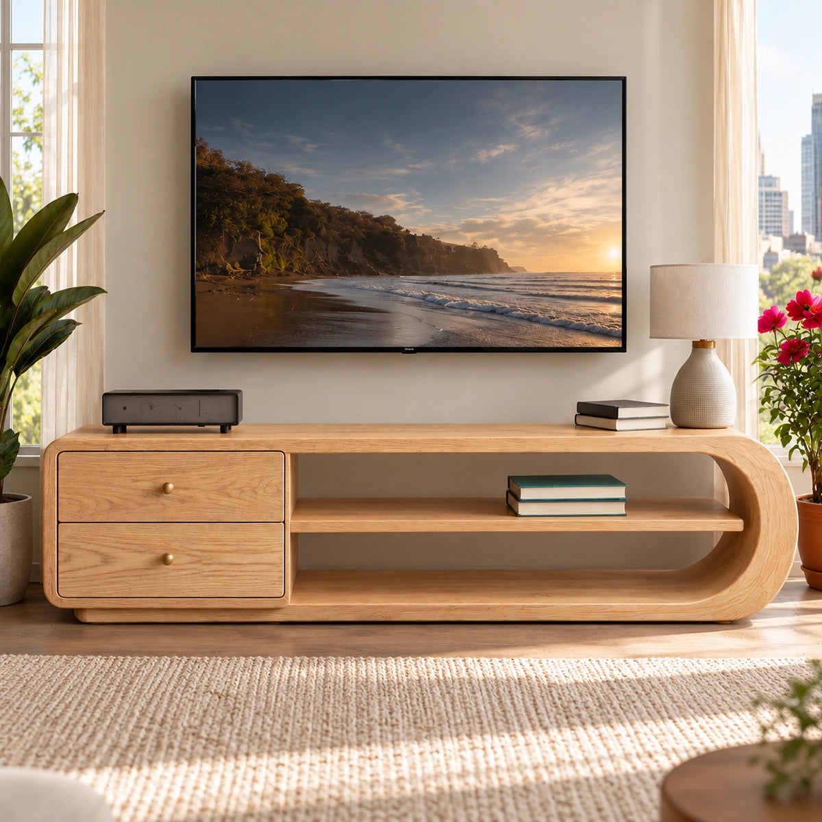 TV Stand with Rounded Open Shelves and Two Drawer Storage in Natural Solid Wood - Woodenecho - 2