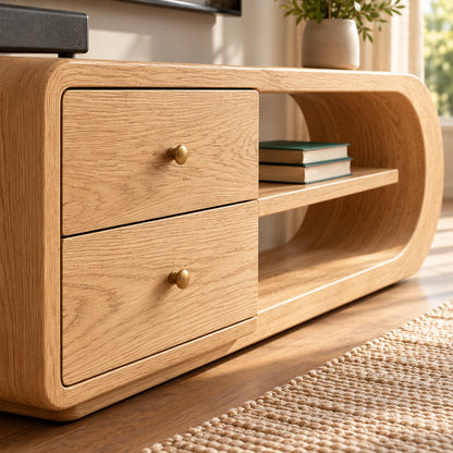 TV Stand with Rounded Open Shelves and Two Drawer Storage in Natural Solid Wood - Woodenecho - 3