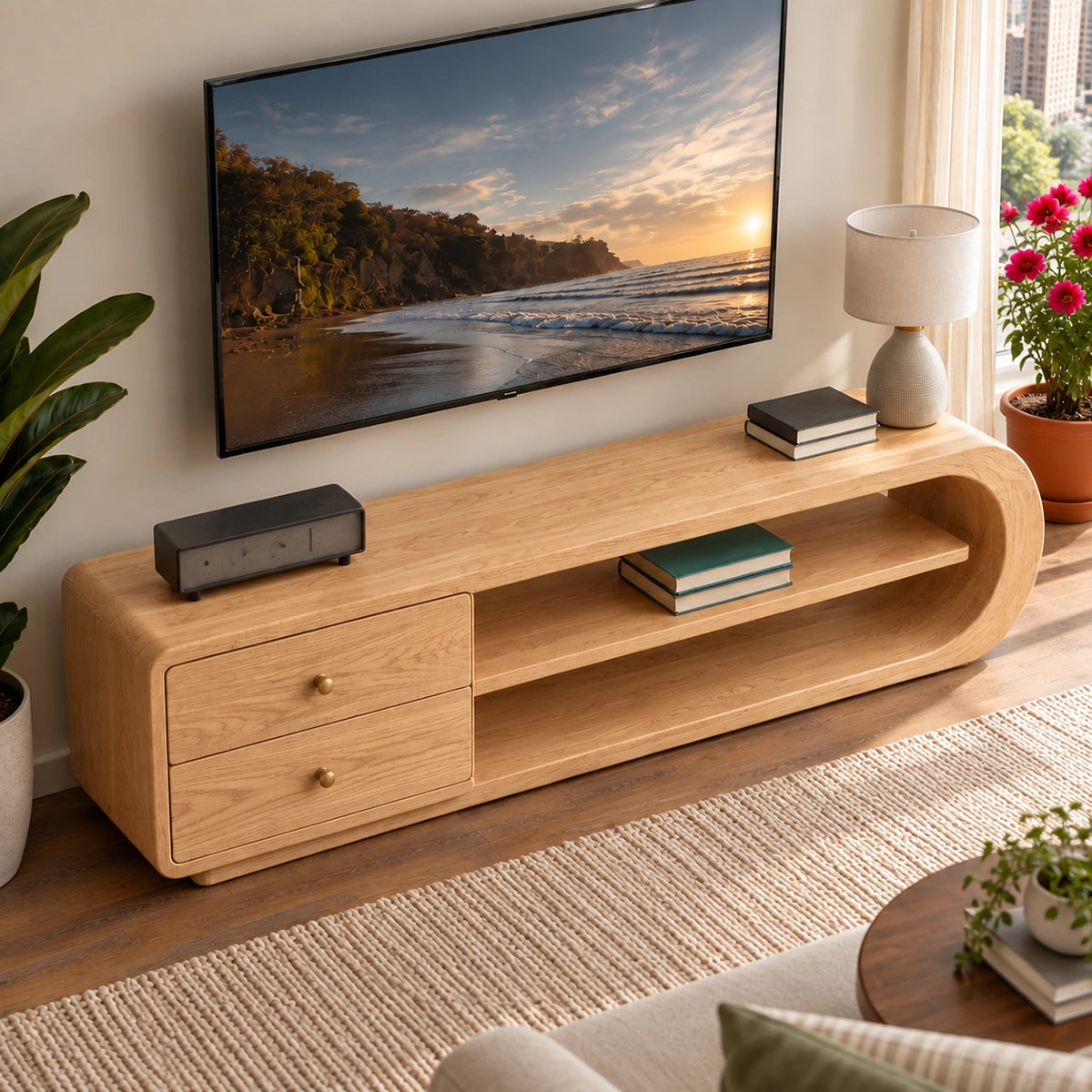 TV Stand with Rounded Open Shelves and Two Drawer Storage in Natural Solid Wood - Woodenecho - 4